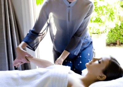 Beauty and care, young woman lying on massage tables in spa